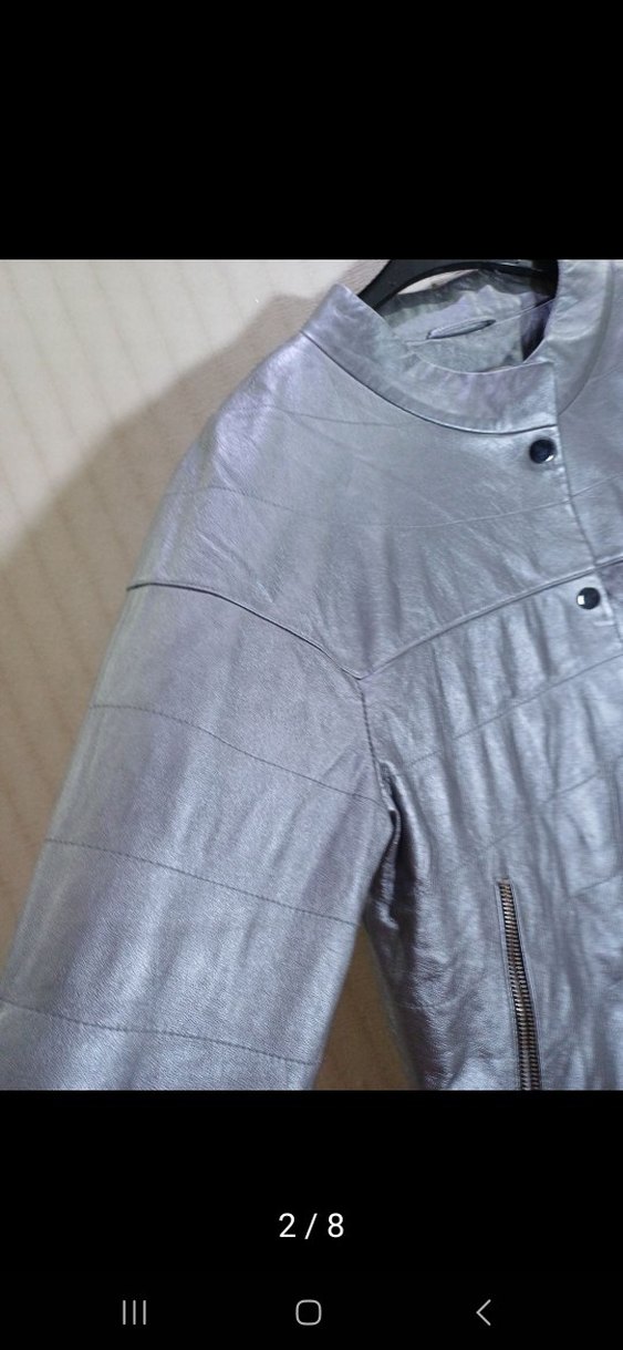 Düğmeli Gri Deri Kadın Ceket mont - Görsel 2