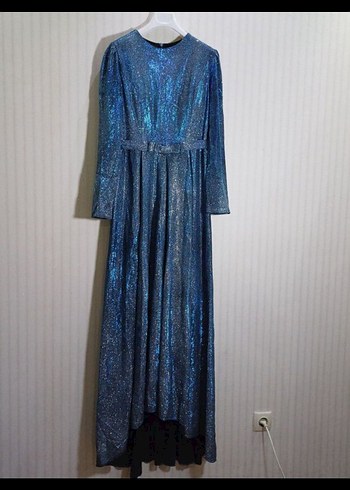 Mavi tesettür Parlak Abiye Elbise - Görsel 7