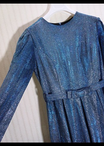 Mavi tesettür Parlak Abiye Elbise - Görsel 3