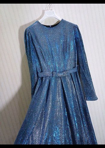 Mavi tesettür Parlak Abiye Elbise - Görsel 2