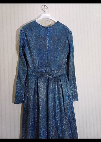 Mavi tesettür Parlak Abiye Elbise - Görsel 5