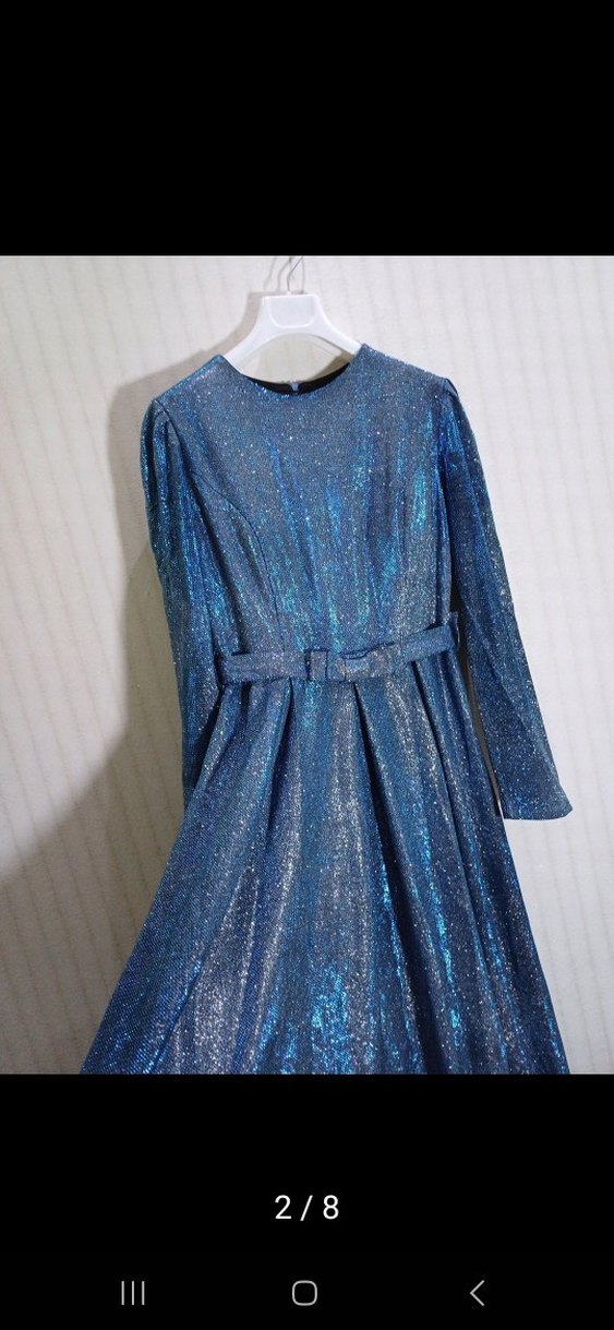 Mavi tesettür Parlak Abiye Elbise - Görsel 2