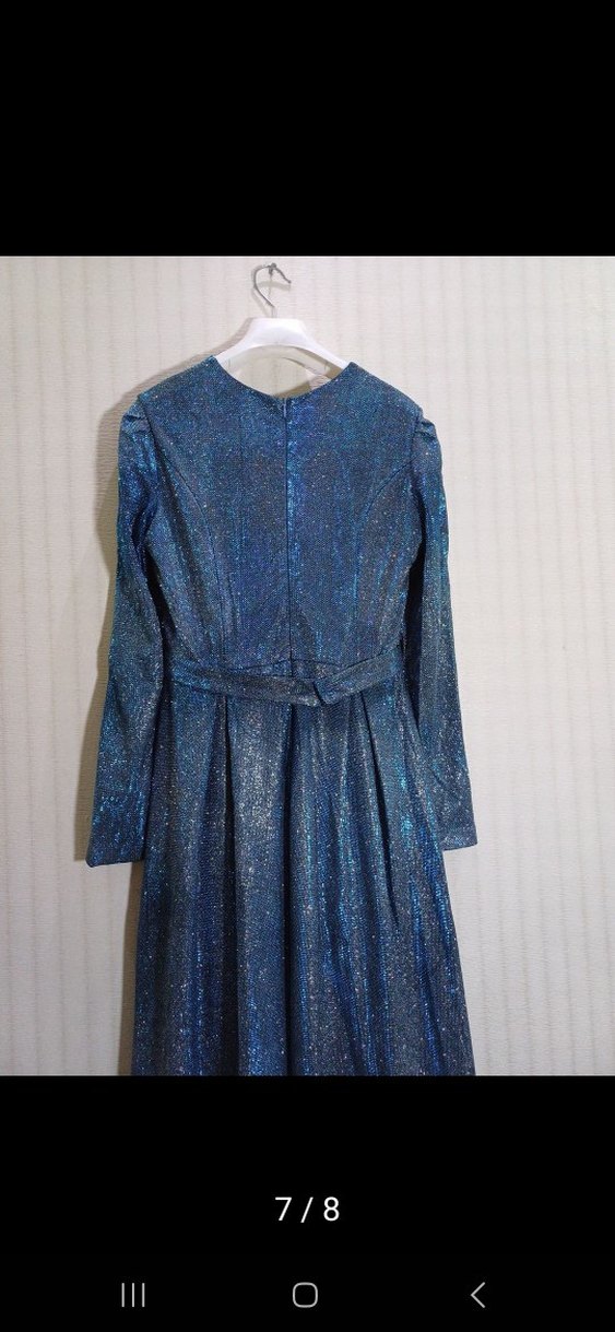 Mavi tesettür Parlak Abiye Elbise - Görsel 5