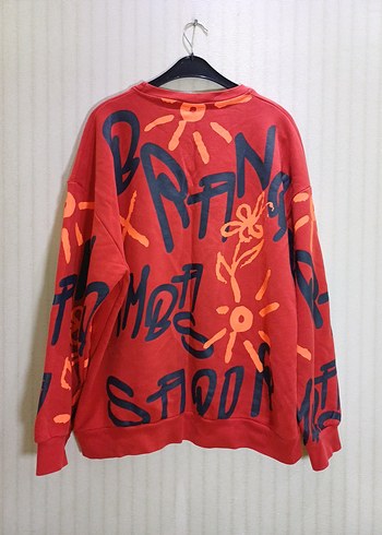 Oversize Renkli Batik Desenli Kırmızı Sweatshirt - Görsel 3