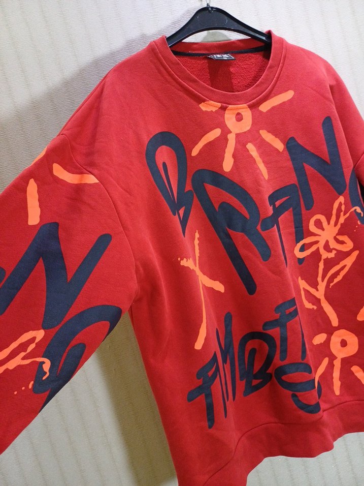 Oversize Renkli Batik Desenli Kırmızı Sweatshirt - Görsel 2