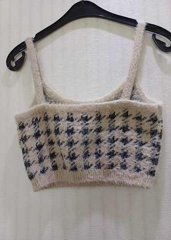 Bej Ekoseli İnce Askılı Triko Kadın Süveter - Görsel 3