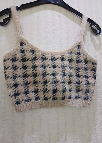 Bej Ekoseli İnce Askılı Triko Kadın Süveter - Görsel 4