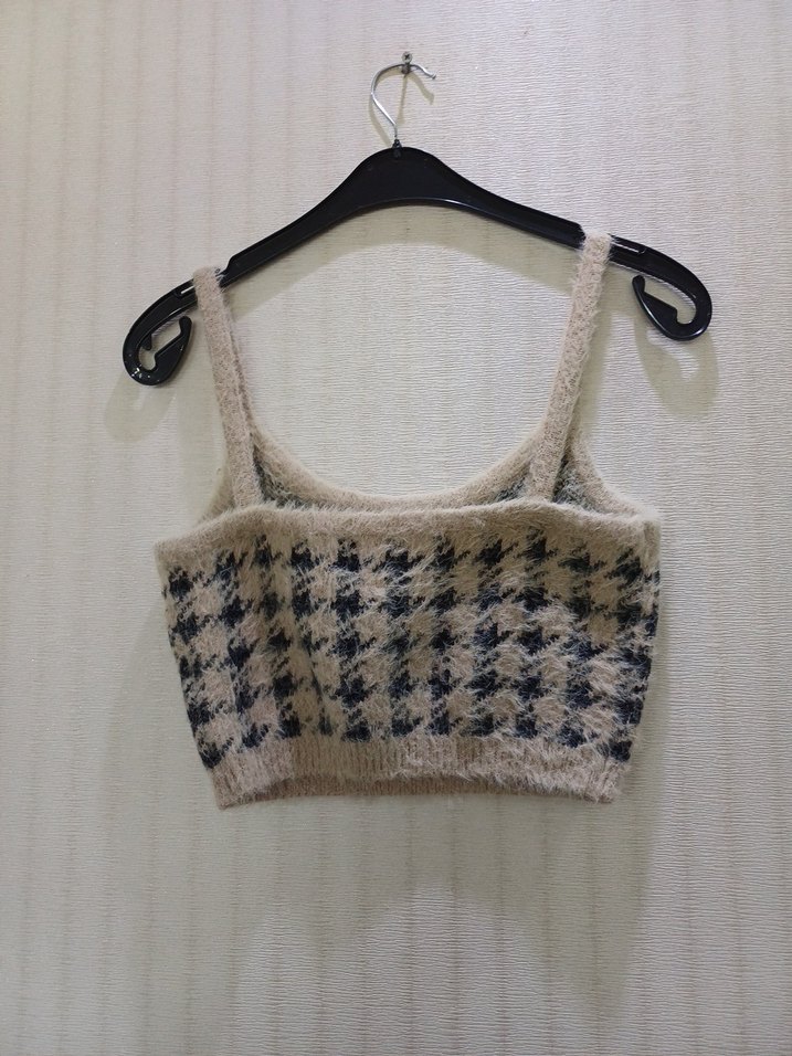 Bej Ekoseli İnce Askılı Triko Kadın Süveter - Görsel 2