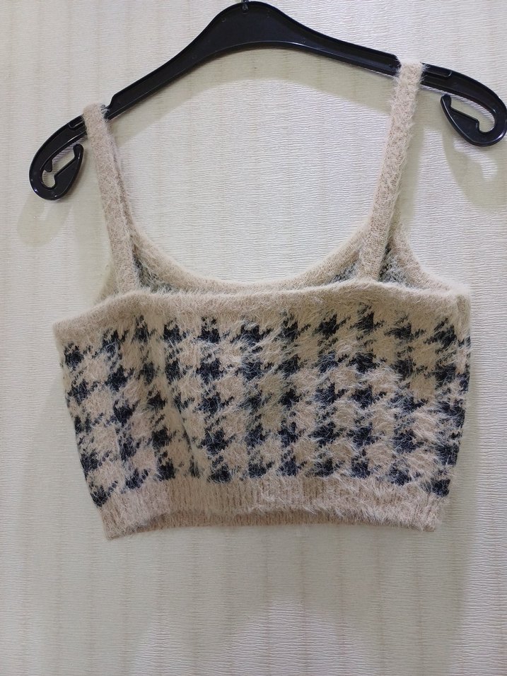 Bej Ekoseli İnce Askılı Triko Kadın Süveter - Görsel 3