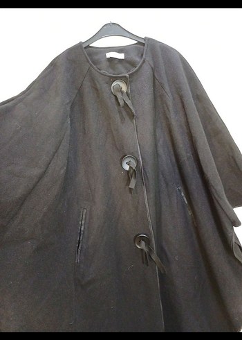 Düğmeli kaşe Siyah Uzun pelerin Panço - Görsel 7