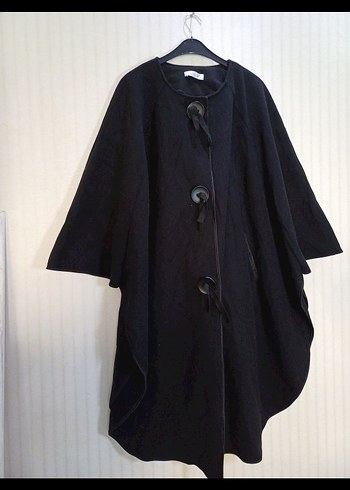 Düğmeli kaşe Siyah Uzun pelerin Panço - Görsel 2