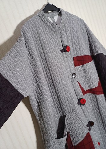 Pinterest tarz tasarım Düğmeli Gri Kadın Uzun Kaban - Görsel 2