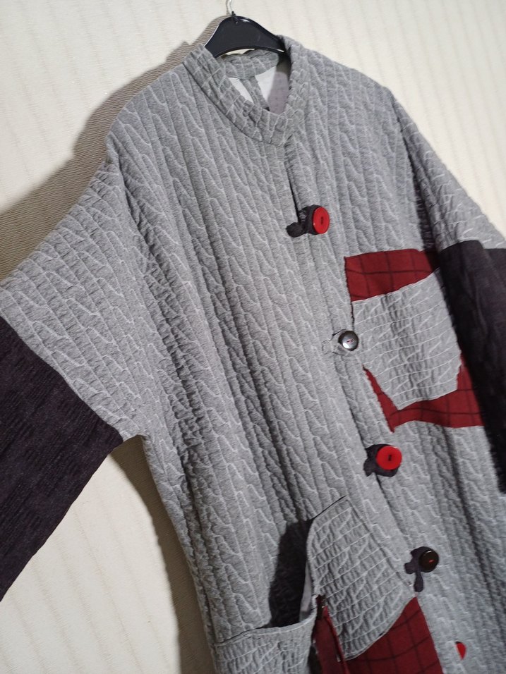 Pinterest tarz tasarım Düğmeli Gri Kadın Uzun Kaban - Görsel 2