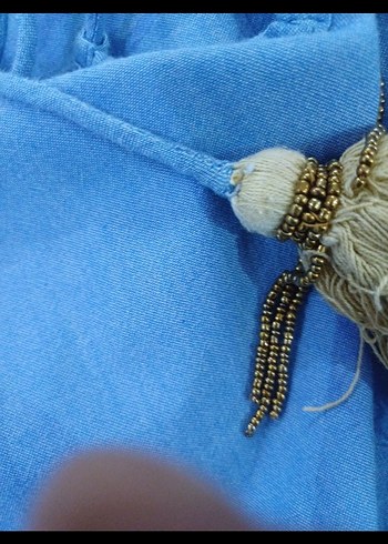 Püsküllü, Nakışlı Mavi Kot Mini Bluz - Görsel 5