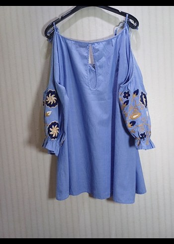 Püsküllü, Nakışlı Mavi Kot Mini Bluz - Görsel 7
