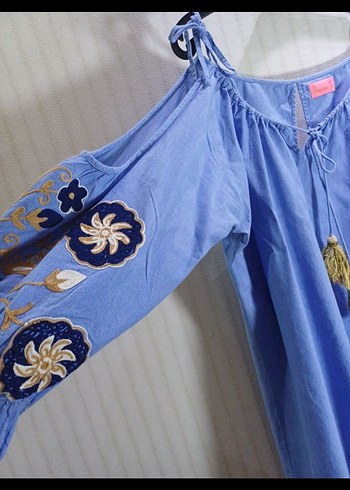 Püsküllü, Nakışlı Mavi Kot Mini Bluz - Görsel 2