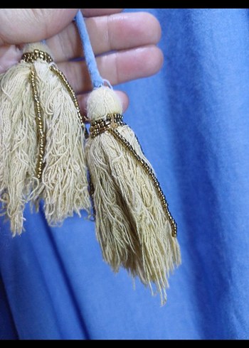 Püsküllü, Nakışlı Mavi Kot Mini Bluz - Görsel 4