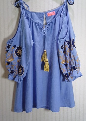 Püsküllü, Nakışlı Mavi Kot Mini Bluz - Görsel 8