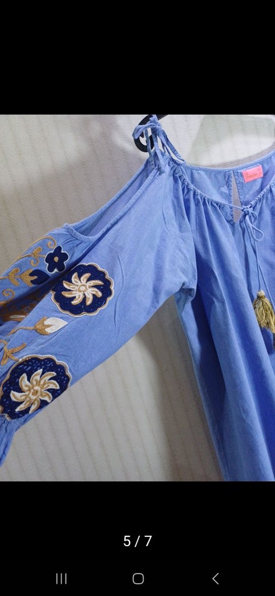 Püsküllü, Nakışlı Mavi Kot Mini Bluz - Görsel 2