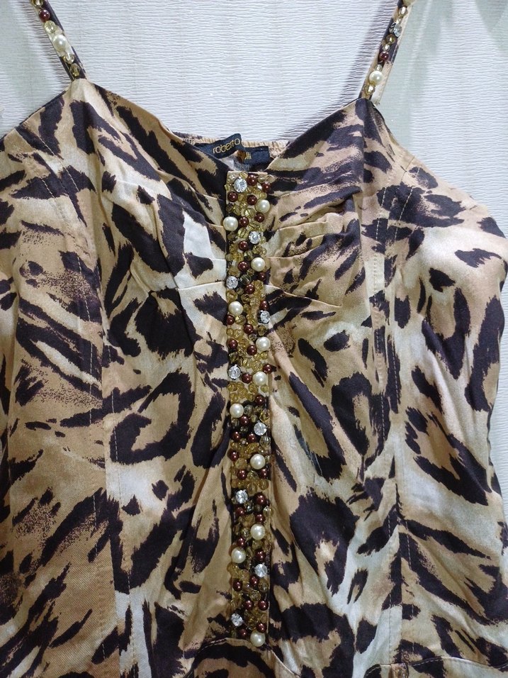 İtalia Zincir boncuk Detaylı Kahverengi Kamuflaj Uzun Elbise - Görsel 3