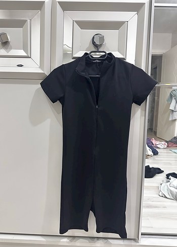 Siyah Mini Kısa Kollu Tulum