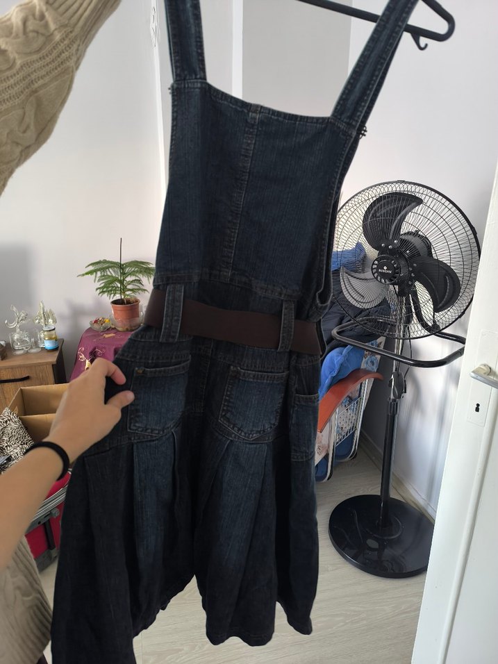 Kadın Lacivert Kot Askılı Midi Tulum - Görsel 2