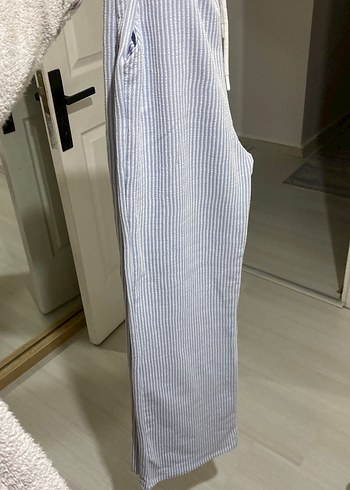 Zara Mavi Çizgili Kadın Keten Pantolon
