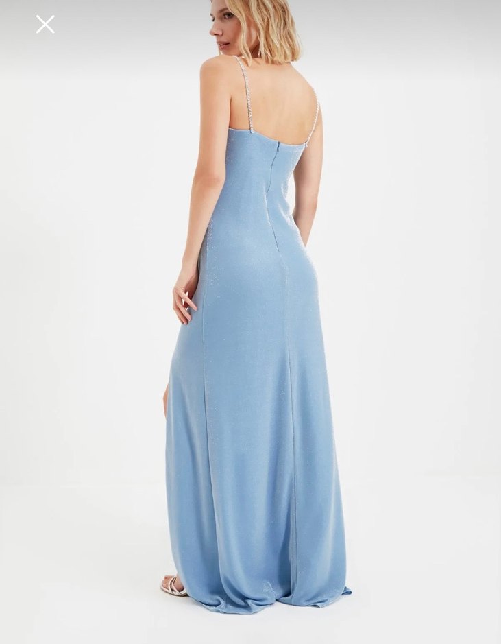 Drapeli Mavi Uzun İnce Askılı Elbise - Görsel 4
