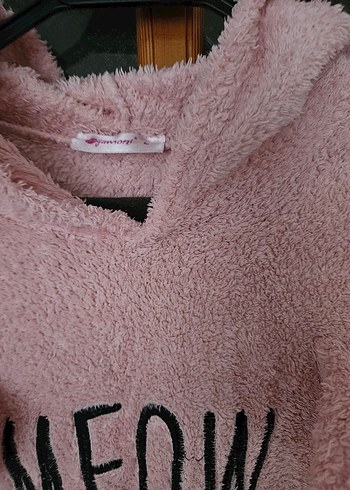 Pembe Peluş Kapüşonlu Kadın Sweatshirt - Görsel 4