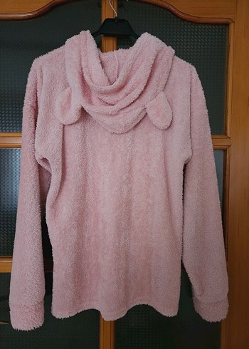 Pembe Peluş Kapüşonlu Kadın Sweatshirt - Görsel 5