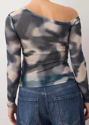 Kadın Mavi Batik Desenli Drapeli Straplez Bluz - Görsel 2