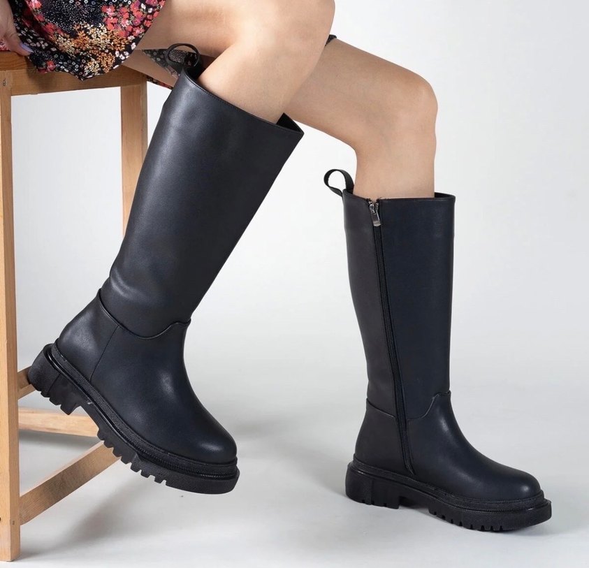 Siyah Deri Kadın Dizüstü Botlar - Görsel 2