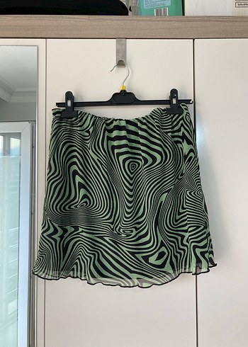 Yeşil Zebra Desenli Pilili Mini Etek