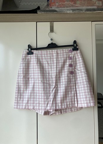 Pembe Ekoseli Düğmeli Mini Şort Etek