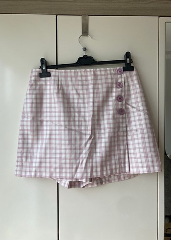 Diğer Pembe Ekoseli Düğmeli Mini Şort Etek