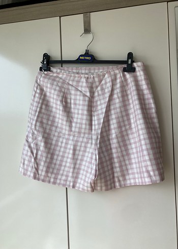 42 Beden mor Renk Pembe Ekoseli Düğmeli Mini Şort Etek
