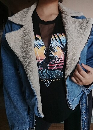 Oversize kürklü kot ceket