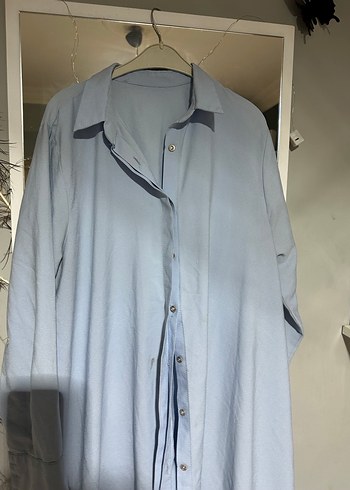 Gevşek Kesim Mavi Midi Keten Gömlek - Görsel 2