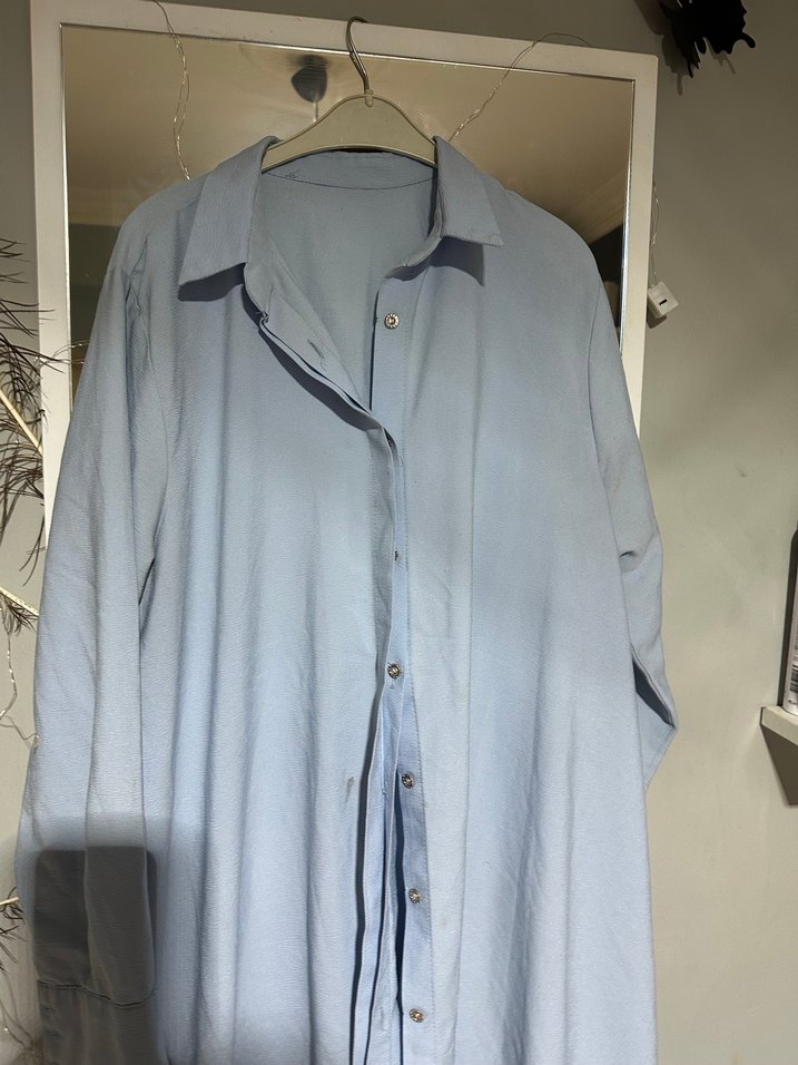 Gevşek Kesim Mavi Midi Keten Gömlek - Görsel 2