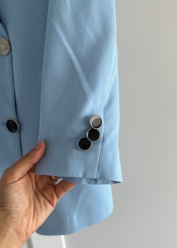 Diğer Mavi Düğmeli Kadın Midi Blazer