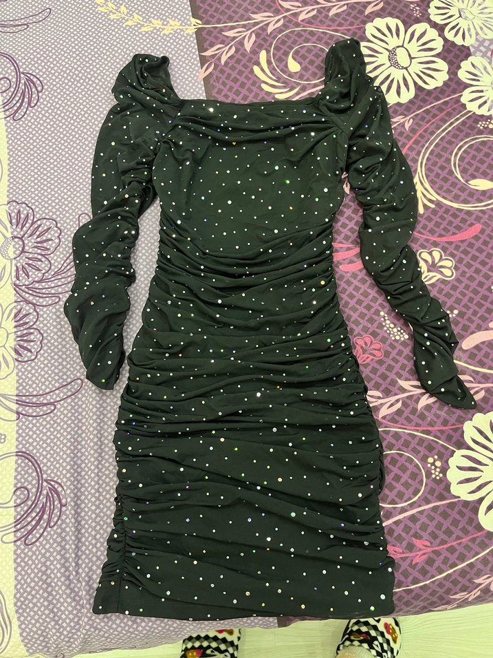 Işıltılı Uzun Kollu Siyah Abiye Elbise - Görsel 4