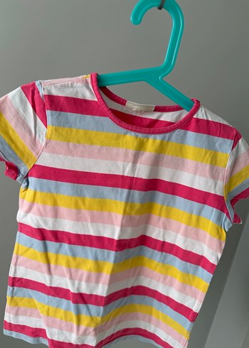 Kız Çocuk Renkli Çizgili Kısa Kollu Tişört - Görsel 2