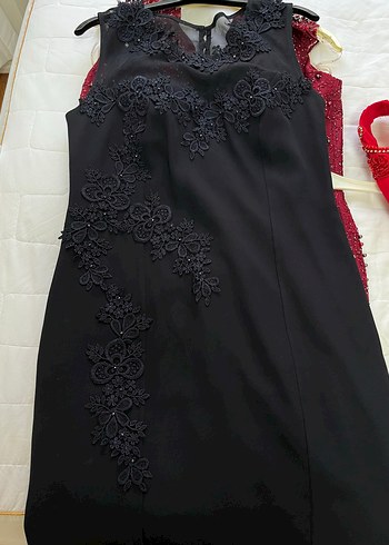 Abiye Dantel Detaylı Siyah Midi Abiye Elbise