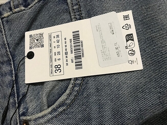 38 Beden mavi Renk Zara kot pantolon
