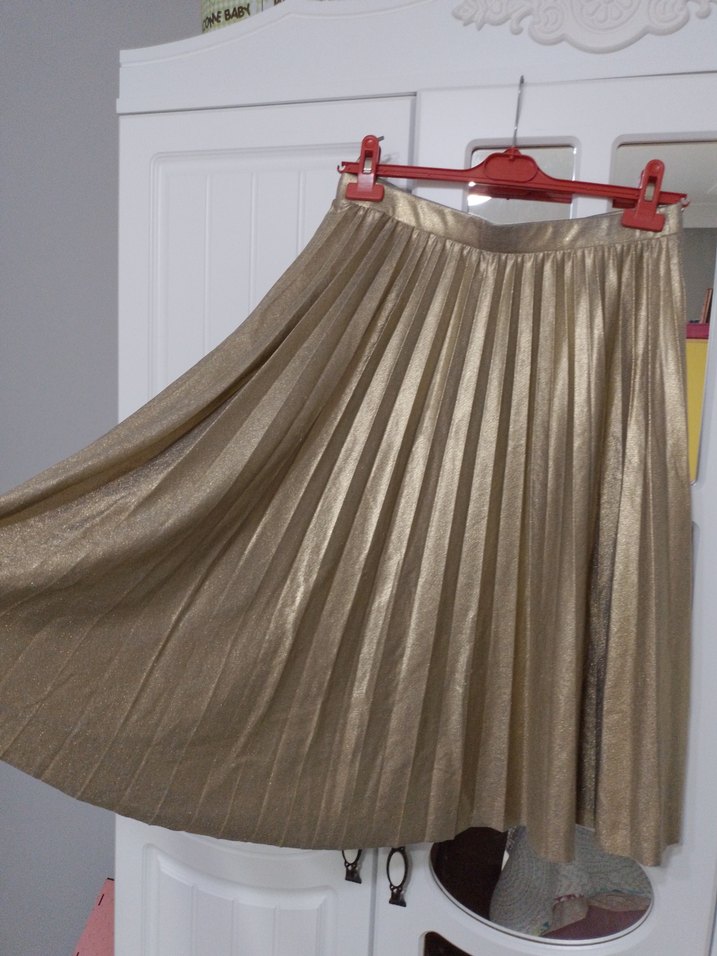 Kadın Altın Renk Pilili Midi Keten Etek - Görsel 2