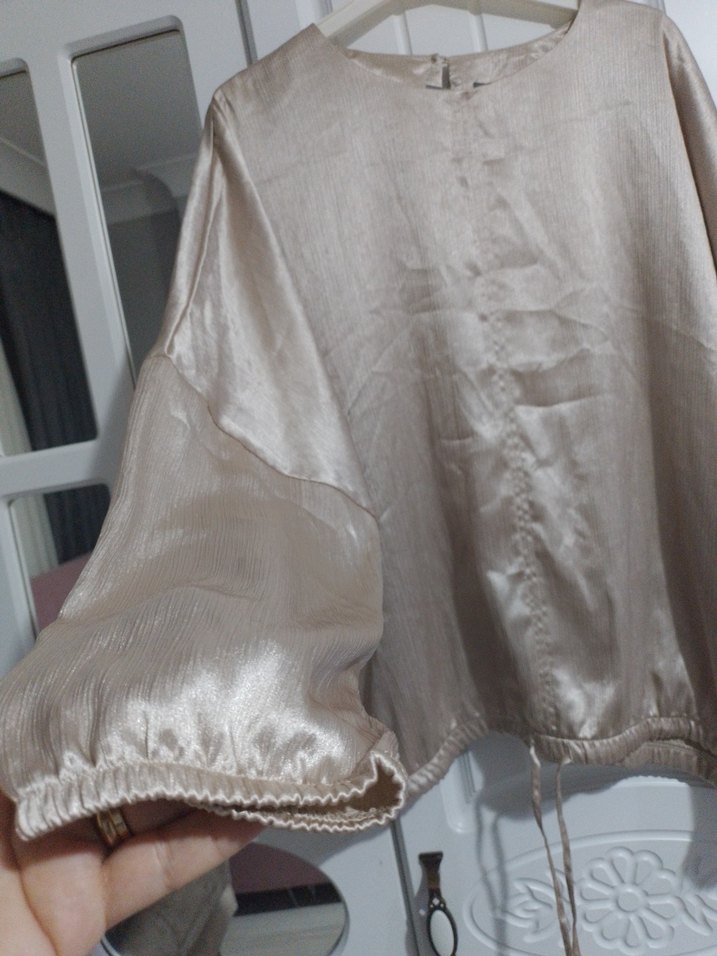 Bej Parlak Salaş Kadın Keten Bluz - Görsel 5