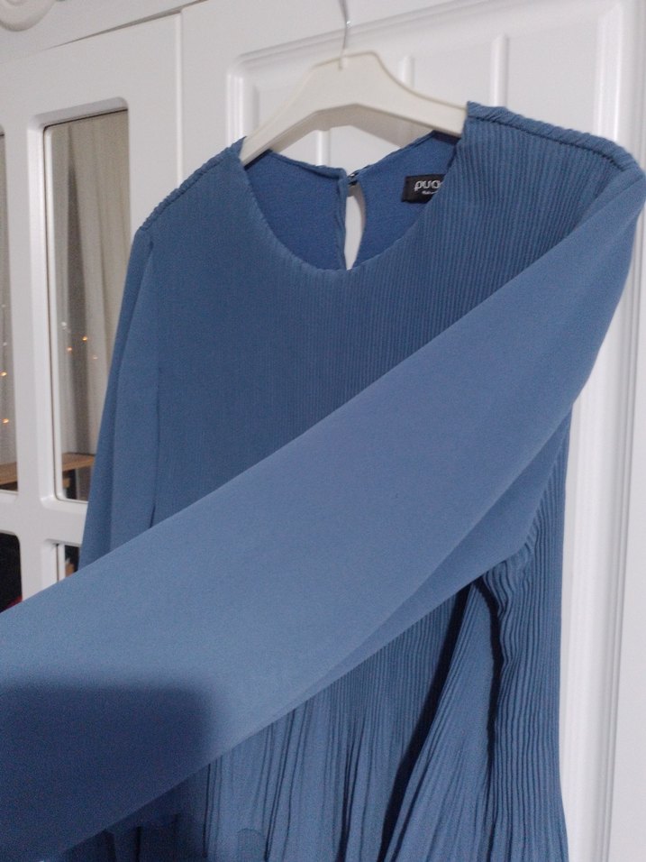 Uzun Kollu Mavi Piliseli elbise - Görsel 5