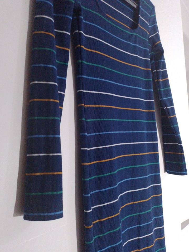 Çizgili Uzun Kollu Kadın Triko Elbise - Görsel 2