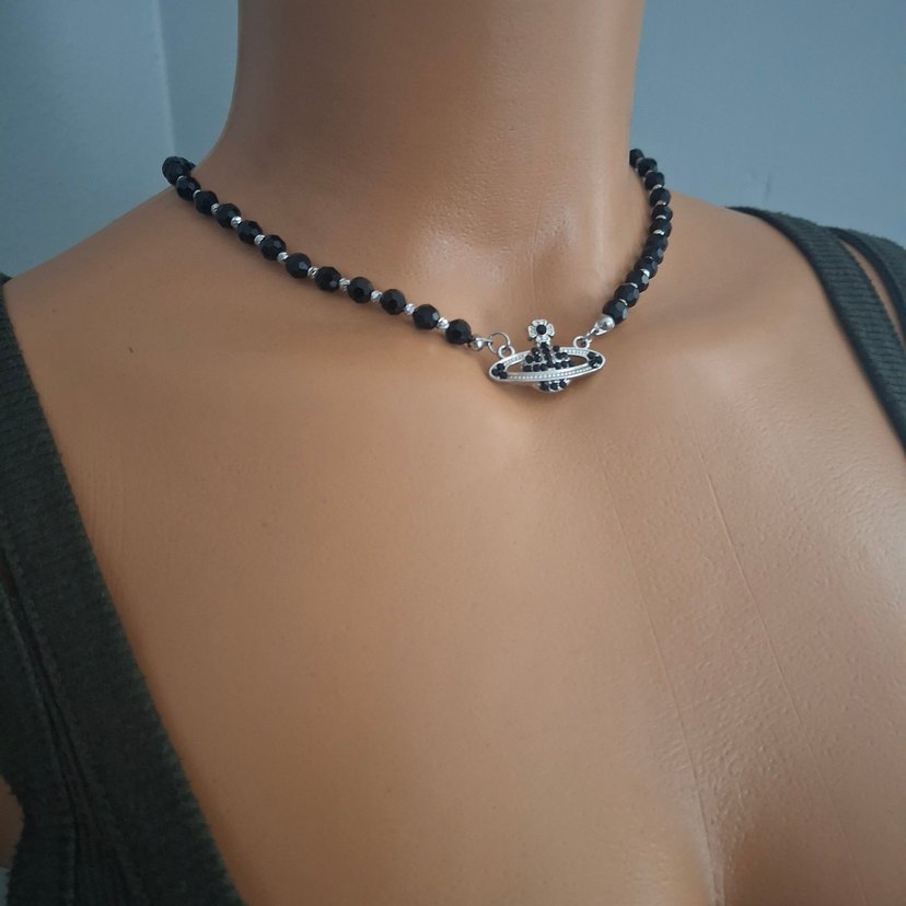 Vivienne Westwood Çelik siyah kristal boncuklu Orb satürn kolye - Görsel 3