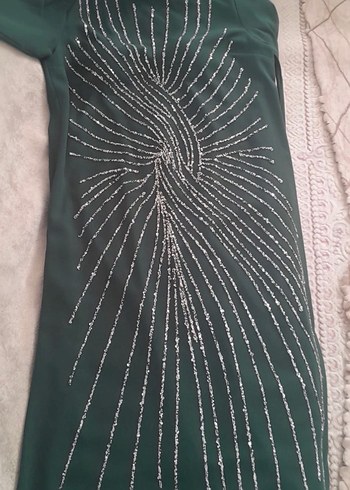 Uzun Kollu, İşlemeli Boncuklu Yeşil Kadın Elbise - Görsel 2